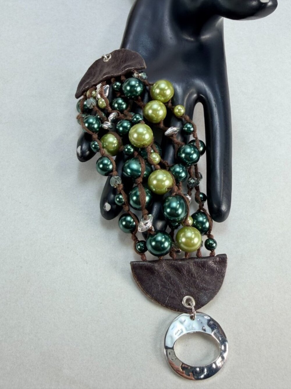 RLM SOHO Multi Strand Beaded Bracelet Green Leather Silver Tone Toggle